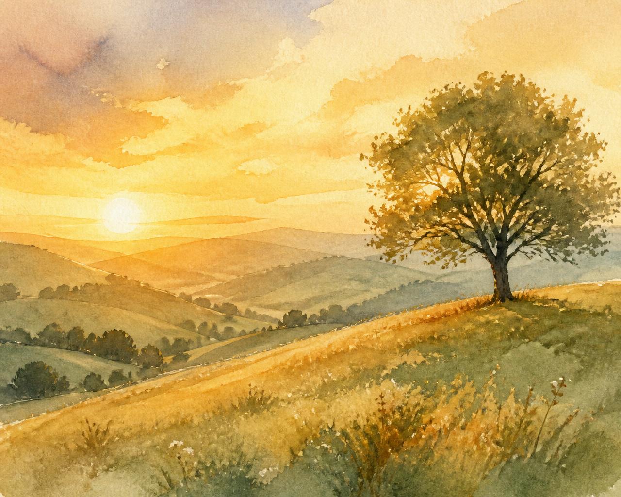 Watercolour hills at golden hour