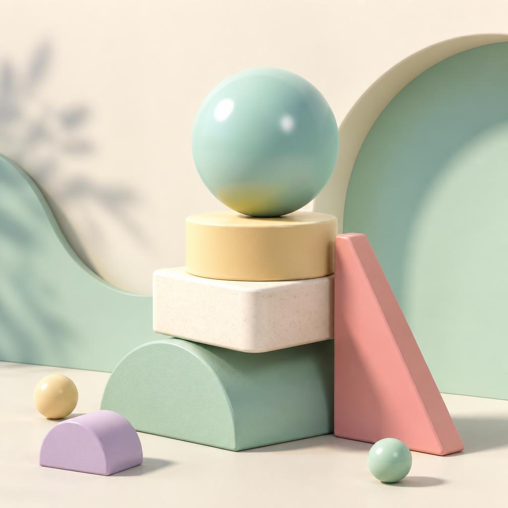 Minimal pastel geometric shapes with soft shadows